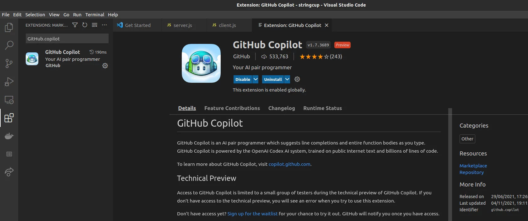 copilot plugin page on VS code